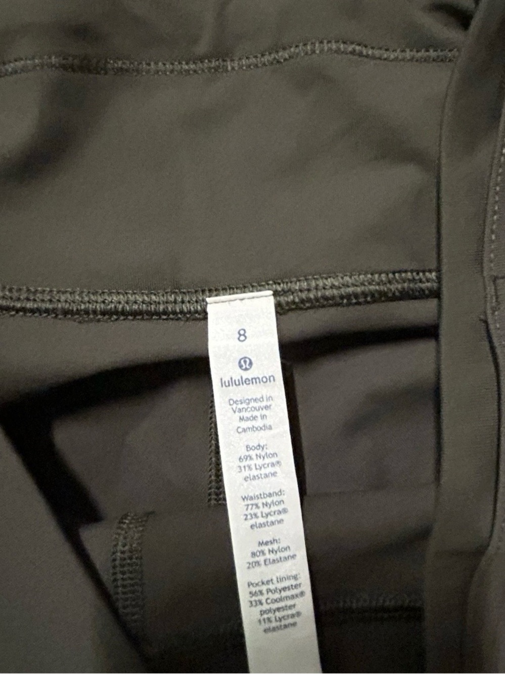 Women’s Lululemon Olive Green Leggings Pockets Zippers Size 8 - Picture 4 of 5